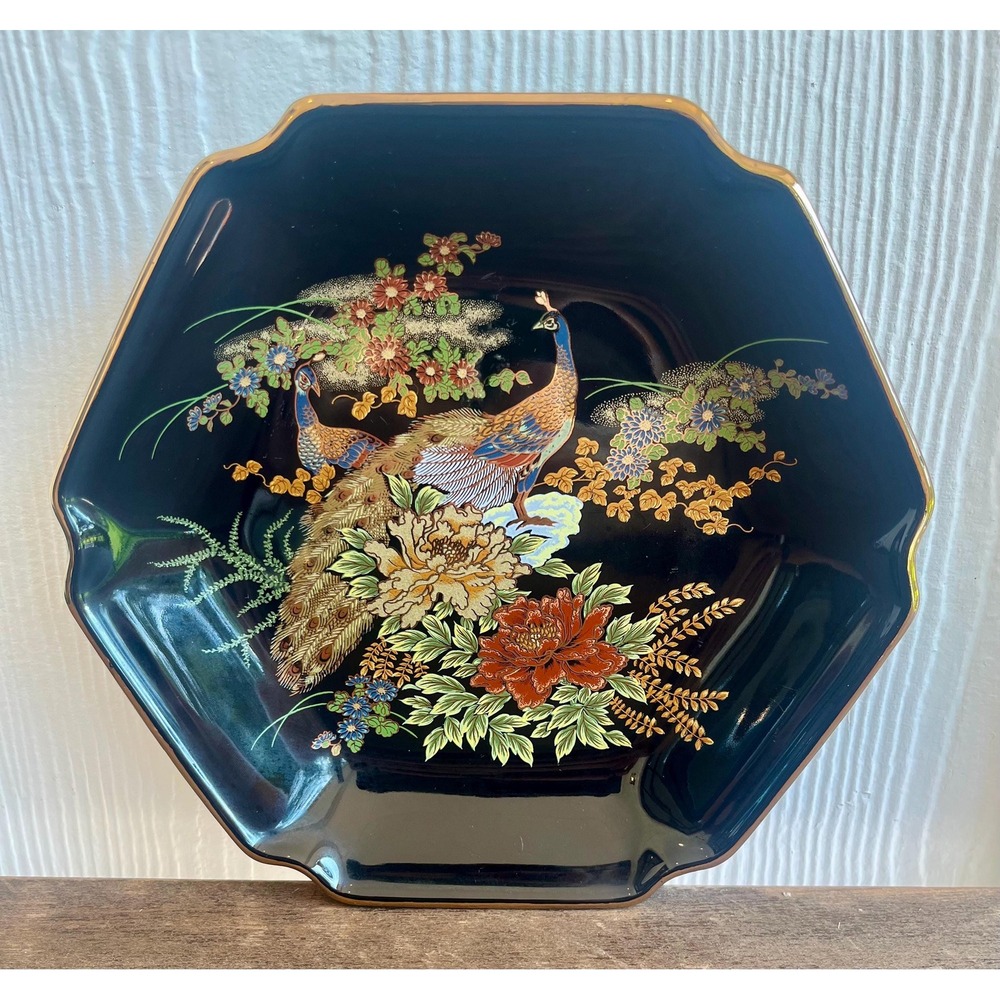 Vintage Kutani Japan Black and Gold Trim Peacock & Floral Catchall Dish 1980s